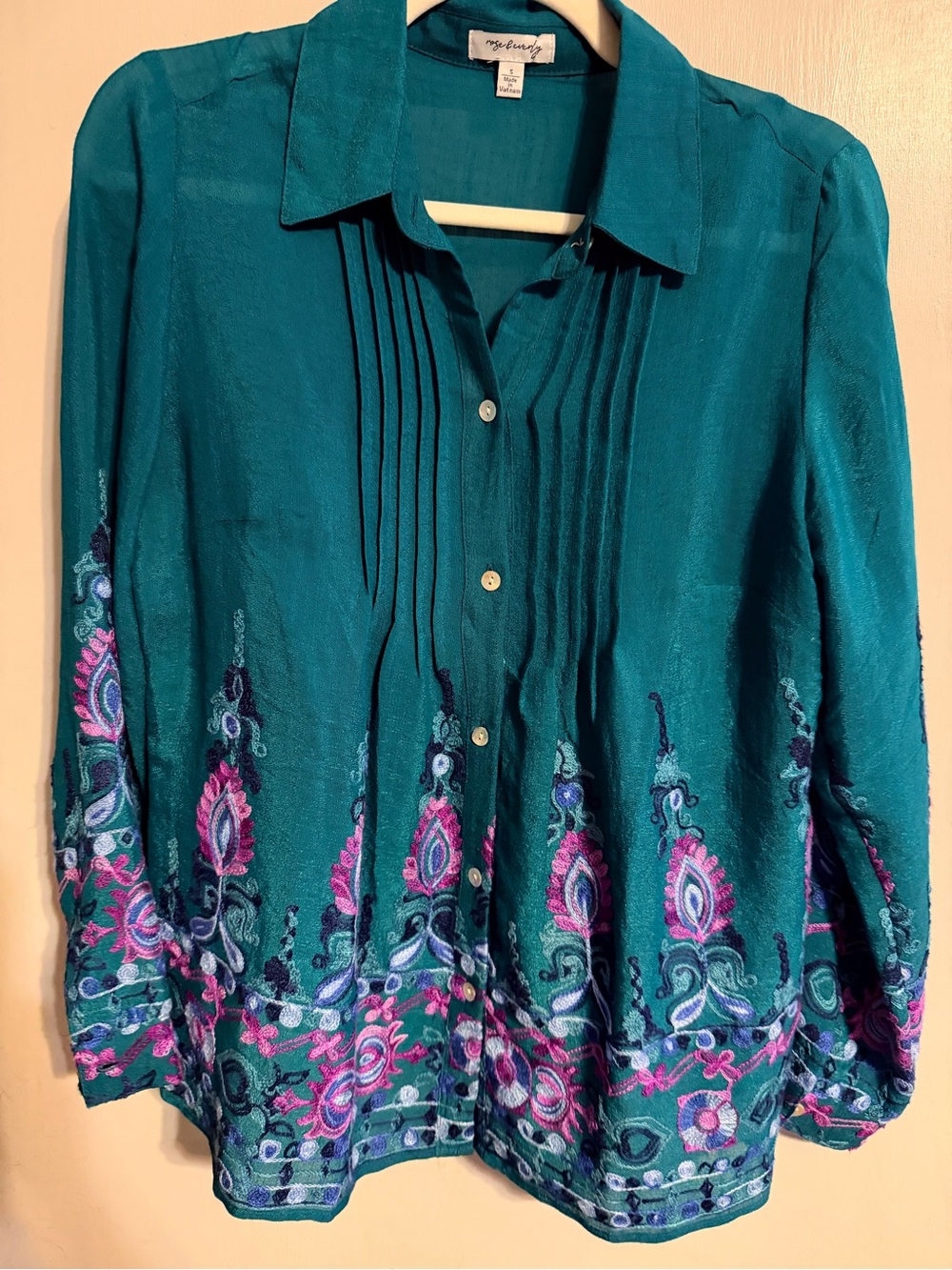 Embroidered Teal Boho Blouse S | Pintuck Top Anthropologie Style Boutique Chic - Picture 3 of 8